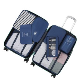 Belsmi 8 Set Packing Cubes with Shoe Bag - Compression Travel Luggage Organizer (Style A - Navy Blue)