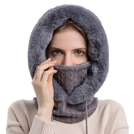 JFAN Women's Balaclavas Fleece Hood Snood Winter Hat with Neck and Face Cover Balaclava for Outdoor Skiing Cycling Walking（Grey，One Size）