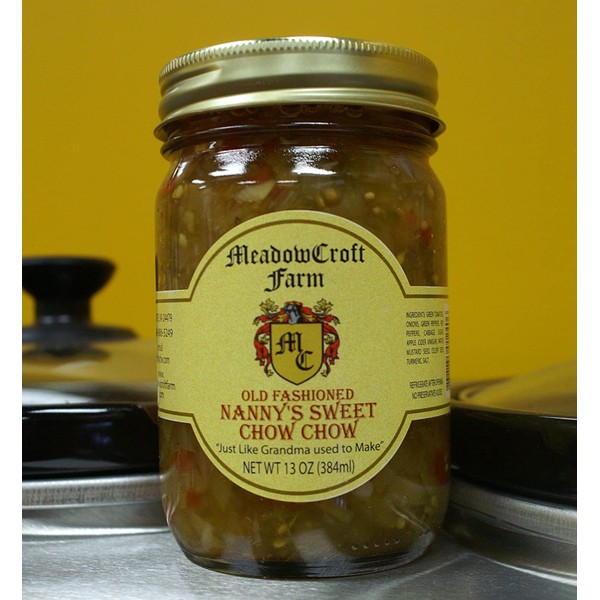Chow Chow - MeadowCroft Farm Old Fashioned Nanny's Sweet Chow Chow (2-Pack 12 oz per jar) All Natural Blend of Green Tomatoes, Onions, Green & Peppers,Cabbage, Turmeric,Celery & Mustard Seeds - Handmade in small batches like Grandma used to make