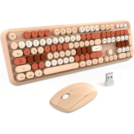 Wireless Keyboard Mouse Combo, 2.4GHz Retro Typewriter Keyboard with 104 Cute Colorful Round Keys, Letton Full Size Wireless Keyboard Mouse with 3 DPI for Computer PC Laptop-Brown