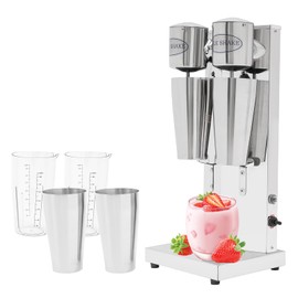 Electric Milkshake Maker, Commercial Stainless Steel Milk Shake Machine Drink Mixer Adjustable Speed Malt Maker Machine Smoothie Milk Foam Tea Mixer Blender + cups (2 Head)