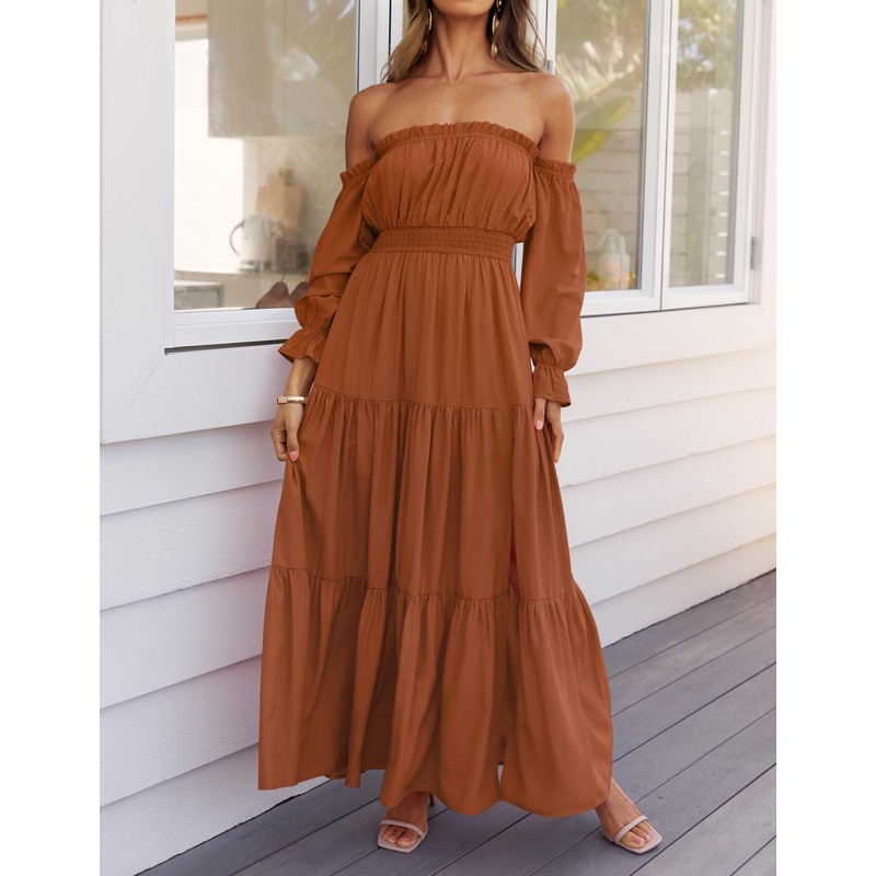 ZESICA Women's 2025 Boho Sexy Off Shoulder Long Sleeve Smocked