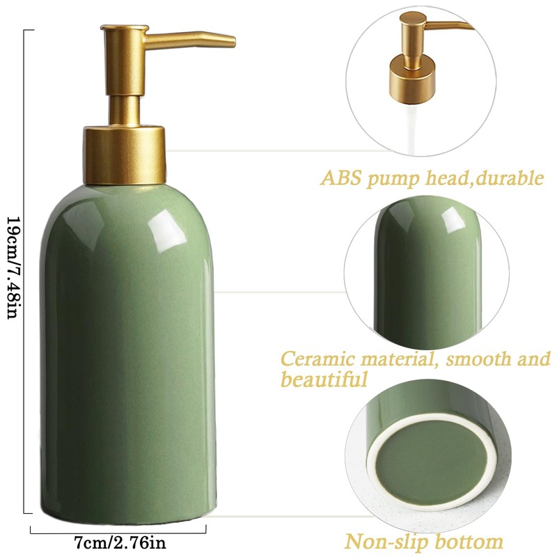 Soap Dispenser Bottle Ceramic with Gold Pump,Green and Gold Dish