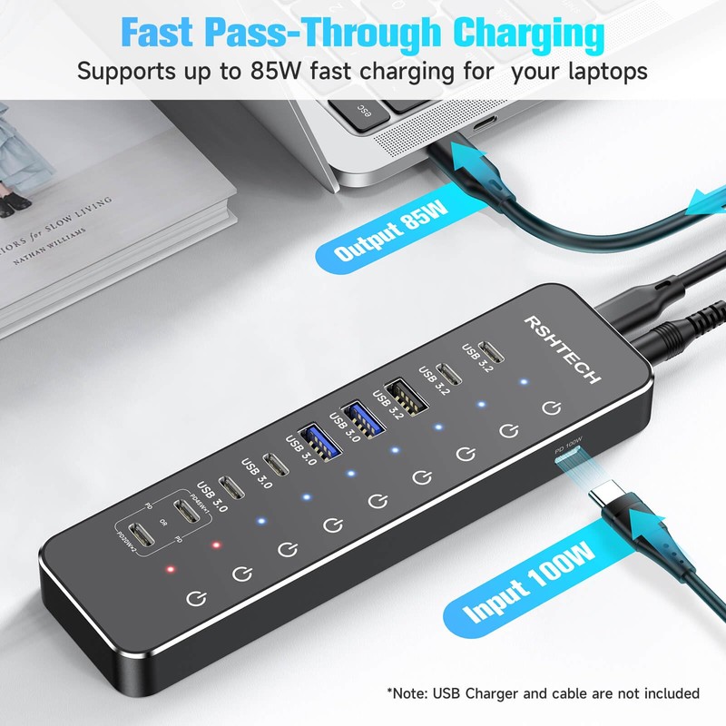 RSHTECH 10-Port Powered USB C Hub 66W with 3x10Gbps USB-3.2