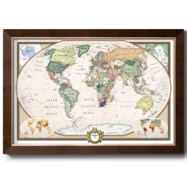 Renditions Gallery Colorful World Map Canvas Wall Art with Dark Espresso with Gold Frame Wall Hanging Travel Map with Push Pins for Home, Office, Classroom