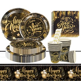 101 Pieces 2025 New Year's Eve Party Tableware Set, New Year Party Tableware Kit, 2025 Happy New Year Party Tableware Set for 20 People, New Year's Eve Black and Gold Tableware Party Accessories