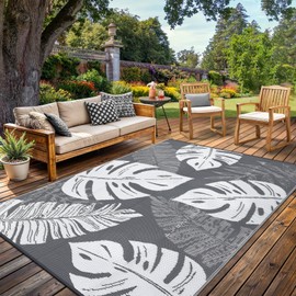 GarveeHome Outdoor Rug Waterproof 8x10 Reversible Outdoor Plastic Straw Rug Modern Palm Leaves Patio Rug Indoor Outdoor Mat RV Mat Outside for Patio Camp Balcony Deck Picnic, Grey and White