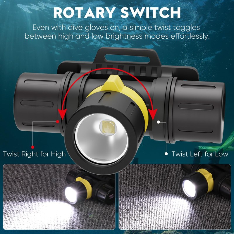 NAKCNM 3000LM IPX8 Waterproof Diving Flashlight Magnetic Rotary Switch