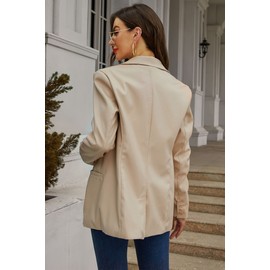 RISISSIDA Women Faux Leather Blazer Jacket Spring Fall Vegan Pleather Soft Casual Lapel Button Down Coat,Beige,XXL