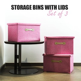 Enzk&Unity Decorative Storage Bins with Lids, Fabric Linen Foldable Storage Box with Handle Home Organizer for Shelf, Closet, Bedroom, Living Room, Office, 3 Packs, Pink