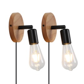 Zoxxoz Black Plug in Wall Sconces Set of 2, Industrial Wall Mounted Lamp with Natural Wood Base, 360° Adjustable Retro Wall Light Fixture for Bedroom, Living Room, with 6FT Plug in Cord, E26 Base