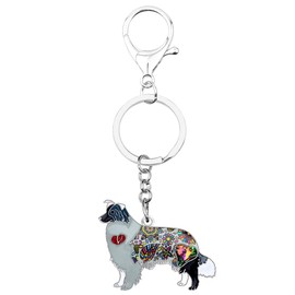 BONSNY Enamel Metal Heart Rhinestone Border Collie Dog Key Chains For Women Kids Car Purse bag Rings Charms Pets Gift