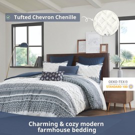 INK+IVY Mila 3P Cotton Duvet Cover Set, Navy Global Pattern, Chenille Tufting, Full/Queen, 1 Duvet, 2 Shams