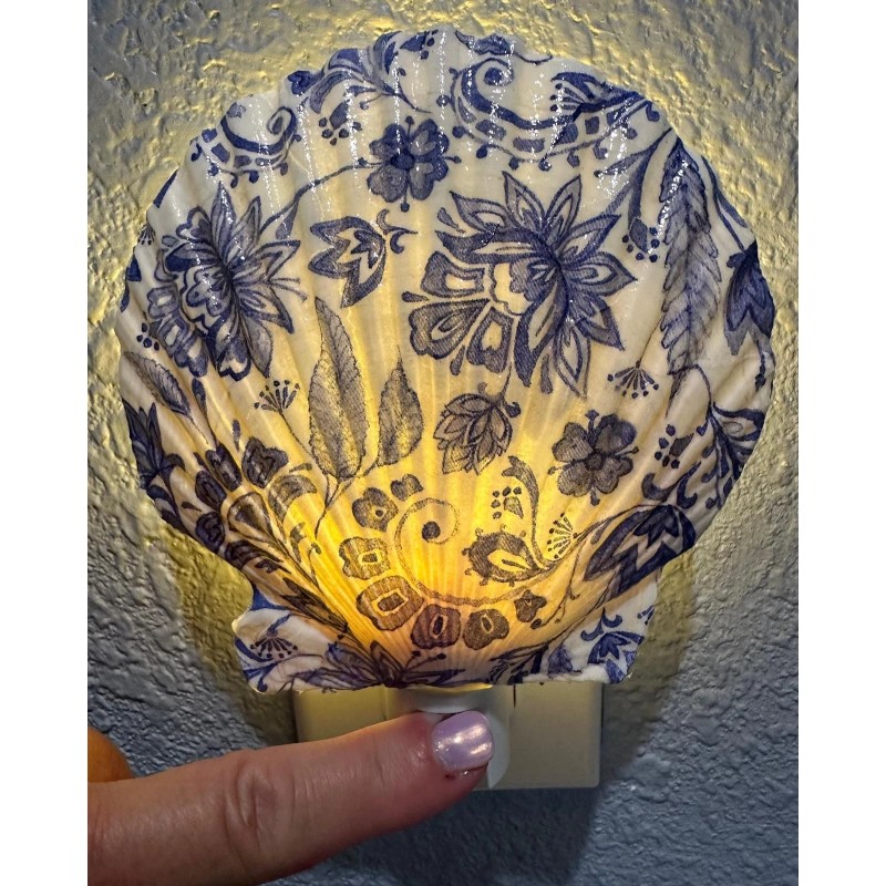 Blue Floral Nightlight Scallop Shell Coastal Decoupage Shell Art -