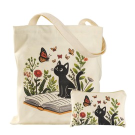 VADOO Canvas Tote Bag - with Zipper & Small Pouch, Cute Shoulder Bag for Women Reusable Large Tote Bag for Gym, College, Travel, Library, Shopping (Floral and Cat)