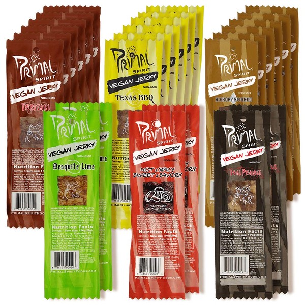Primal Spirit Vegan Jerky - Most Popular Flavors Pack, 10 g. Plant Based Protein, ("The Classics" 6 Teriyaki, 6 Hickory Smoked, 6 Texas BBQ, 2 Thai Peanut, 2 Hot & Spicy, 2 Mesquite Lime 24-Pack, 1 oz