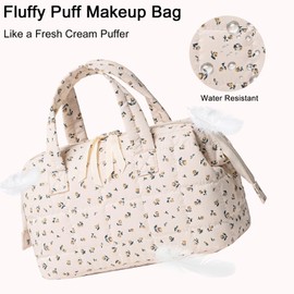 BTOOP Makeup Bag Travel Toiletry Bags for women, Cute Large Make Up Bag Organizer, Wide-open Quilted Cosmetic Bags for Travel Essentials (Beige-flower 92)