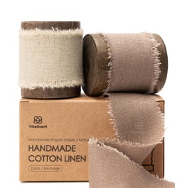 Vitalizart Beige & Brown Linen Ribbon with Spool 1 1/2 Inch Rustic Frayed Cotton Linen Ribbon for Gift Wrapping Wedding Invitations Bridal Bouquets 2 Rolls 10 Yards
