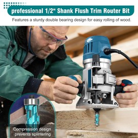 Flush Trim Router Bit, Top Bearing Flush Cut Trim Router Bit for Woodworking, 1/2 Inch Shank, 3/4 Inch Cutting Diameter, 1-11/16 Inch Cutting Length