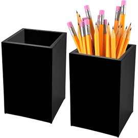 BLITZ SAT-USA Black Acrylic Pen Holder (2 PCS) - Pen Holder for Desk, Office Work Table - Acrylic Pencil Organizer, Desk Accessories Acrylic Makeup Brush Holder - Size: 2.6x2.6x4