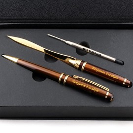 Sotania Custom Engraved Executive Pen Gift Set – Personalized Brass Ballpoint Pen with Matching Paper Tool – Elegant Gift Box (Brown)