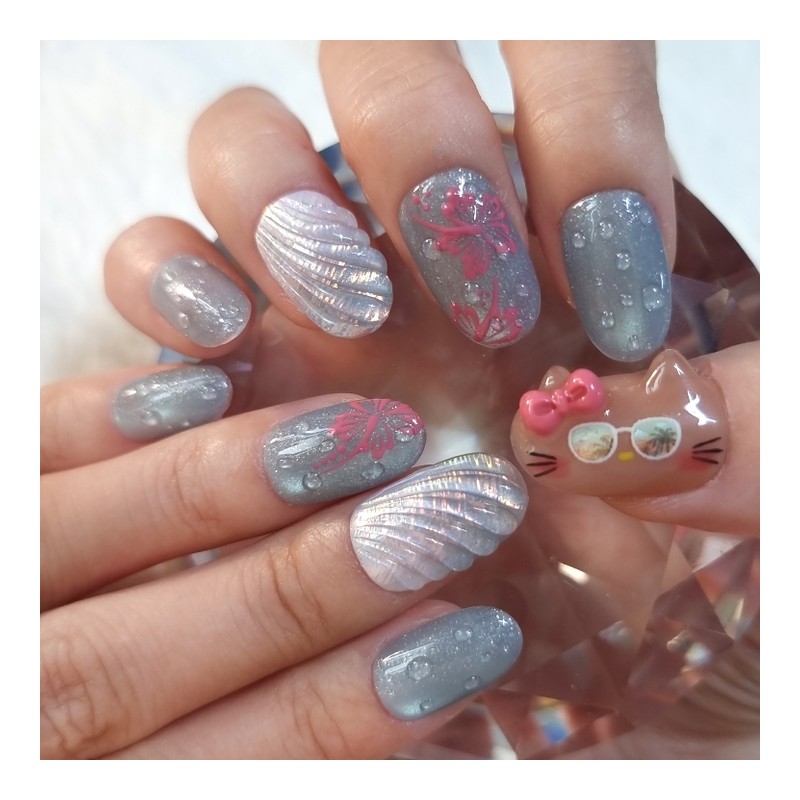 Summer Sunguri Cat Handmade Nail Tips - Stiletto / 썸머