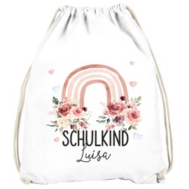 SpecialMe® Kinder Turnbeutel mit Name Schulkind 2025 Regenbogen Blumen personalisierte Geschenke Schulanfang Mädchen Weiss unisize