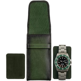 A-SLIM Tokei | Leather Watch Travel Pouch | Men’s Leather Watch Travel Case with Flap Closure | Burnished Green