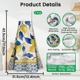 CUTHOLLOW Lemon Tea Towels with Hanger, Pack of 2 Decorative Towels, Soft Absorbent Microfibre Tea Towel for Kitchen, Bathroom, Oven Handle, Gift for Summer, Housewarming, Birthday