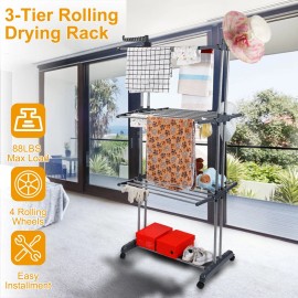 Dual Side Wings Rolling Collapsible Clothes Drying Rack Laundry Dryer Hanger Stand Rail Shelve Wardrobe Clothing Drying Rackscolor: Grey1