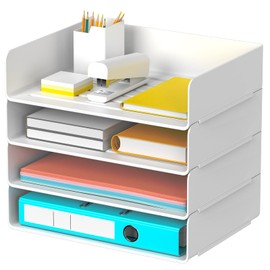 Gawerk Clear Desk Organizer, Stackable Desk Paper Letter Tray Organizer Office Desktop File Paper Holder Book Storage Rack (White, 4 x Wide Entry)