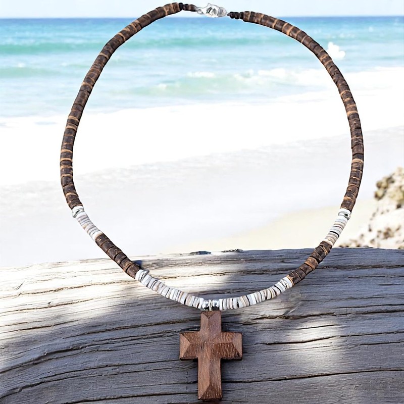 BlueRica Wood Cross Pendant on Coconut Beads and Puka Shell