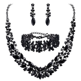 BriLove Wedding Bridal Necklace Earrings Bracelet Jewelry for Women Austrian Crystal Marquise Cluster Collar Dangle Link Set Black Black-Tone