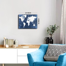 Vintage Navy Blue and White World Map Painting Print on Canvas Wall Decor for Living Room Retro Watercolor Abstract World Map Wall Art Modern Picture Artwork Office Bedroom Home Decoration 12x16"