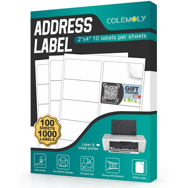 Colemoly Address Labels 2x4-1000 Labels, White Matte, 100 Sheets, Printer