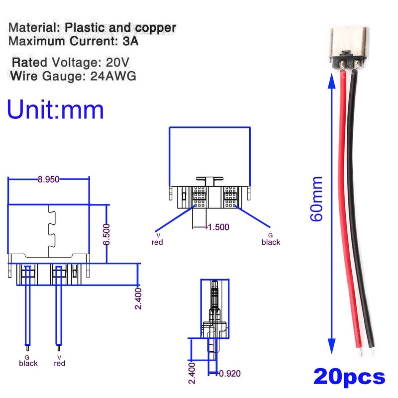 RUNCCI-YUN 20 pieces USB C female 5V 3A 2-pin, 2-wire