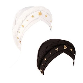 JILIYUPA 2Pcs Base Ball Cap Wrap Headwear Hat Women Cap Beaded Braid Headscarf Turban Baseball Caps Hats (White, Black-B)
