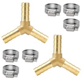 Profiwoab Y Piece Brass Hose Connector（8mm Fuel Hose Connector 2 PCS Y-Shaped Brass Three-Way Hose Barb Joints with 6 PCS 304 Stainless Steel Pipe Clamps,for Water Air Fuel Gasoline Hose Barb Fitting