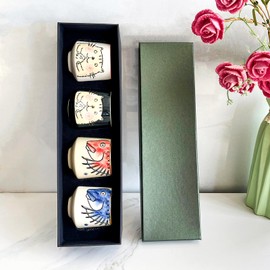 Rubdub Ceramic Japanese Tea Cup, 7.4oz/ 220 ml Chinese Tea Cup, Asian Tea Cups no Handles, Cartoon Pet Teacup in Gift Box, Ceramic Mate Cup Set of 4