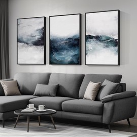 Framed Abstract Ocean Wall Art, Large 3 Piece Canvas Print Set for Living Room, Ink Blue Seascape Artwork for Bedroom, Ocean Wave Painting Pictures Wall Decor for Home Office Dining Room 24x36 Inch