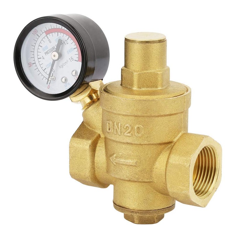 DN20 Einstellbarer Messing-Wasserdruckregler, Druckminderventil Druckregelventil mit Manometer für Horizontale Rohre