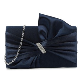 LeahWard Evening Clutch Bag with Bow, Satin Wedding Party Bags, Crystal Rhinestone Detail, Chain Strap (Navy)