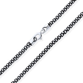 Bling Jewelry Bali Style Thin .925 Sterling Silver Coreana Black Antiqued Popcorn Chain Necklace for Men and Women, 3MM, 20 Inch