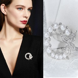 TseenYi Pearl Brooch Pins Crystal Butterfly Pins Brooch Gold Pearl Rhinestone CZ Broonch Vintage Pearl Pins Brooch Cardigan Clip Lapel Clip Shirt Clip Jewellery for Women and Girls Gifts, Crystal