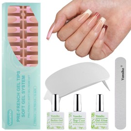 Vansiho French Gel Nails Kit - Long Square French Tip Press on Nails Kit, Nail Gel and Nail Lamp for Gift and Nail Art DIY