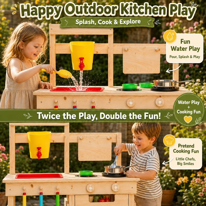 Wooden Outdoor Mud Kitchen for Kids, Waterproof Solid Wood Play