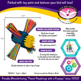Super Bird Creations SB963 Twirl N' Whirl Bird Toy - Handcrafted Wooden Bird Stuff with Lollipop Sticks & Spinning Block - Relieves Boredom, Satisfies Peeling & Chewing, Medium Sized Birds - 6.5" x 4"