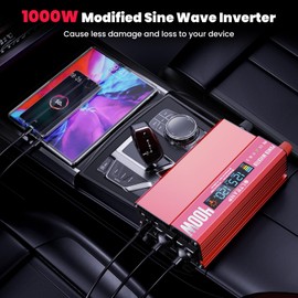 OLTEANP 1000W Power Inverter with LCD Screen Display, 2 AC Outlets, 36W Type-C Port, 5V/3A USB Port, 12V DC to 110V/120V AC Inverter for Truck, Home, Vehicles, Laptop, Trip