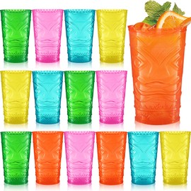 Qinyoung 15 Pcs Hawaiian Tiki Plastic Cups Bulk 14 oz Tiki Glasses for Cocktails Tiki Statue Drinking Cup for Summer Party Supplies
