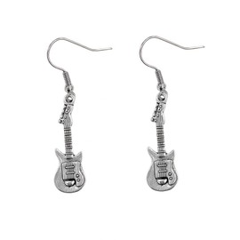 Vintage Electric Guitar Dangle Earrings, Silver-Tone Metal, Musical Instrument Design